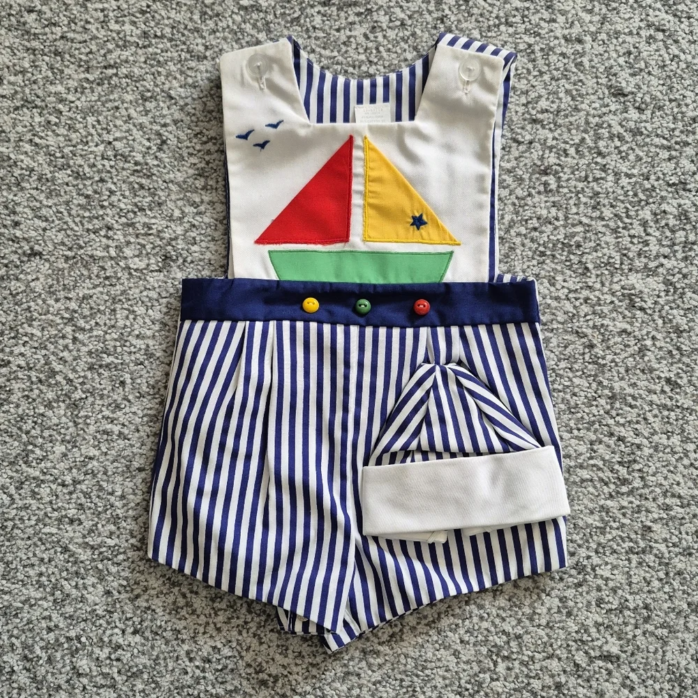 Vintage Baby Romper Sailboat Teddy Bear Jumper 11 Months With Hat